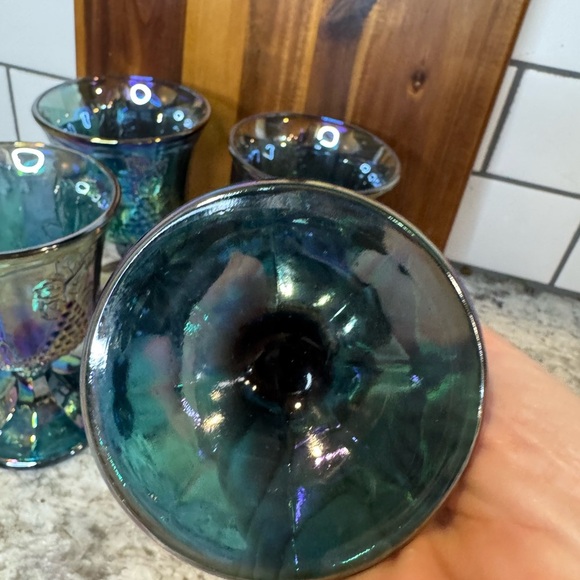 Vintage Glass Goblets with Grape Design, Iridescent Blue, Set of 4 - Picture 3 of 4